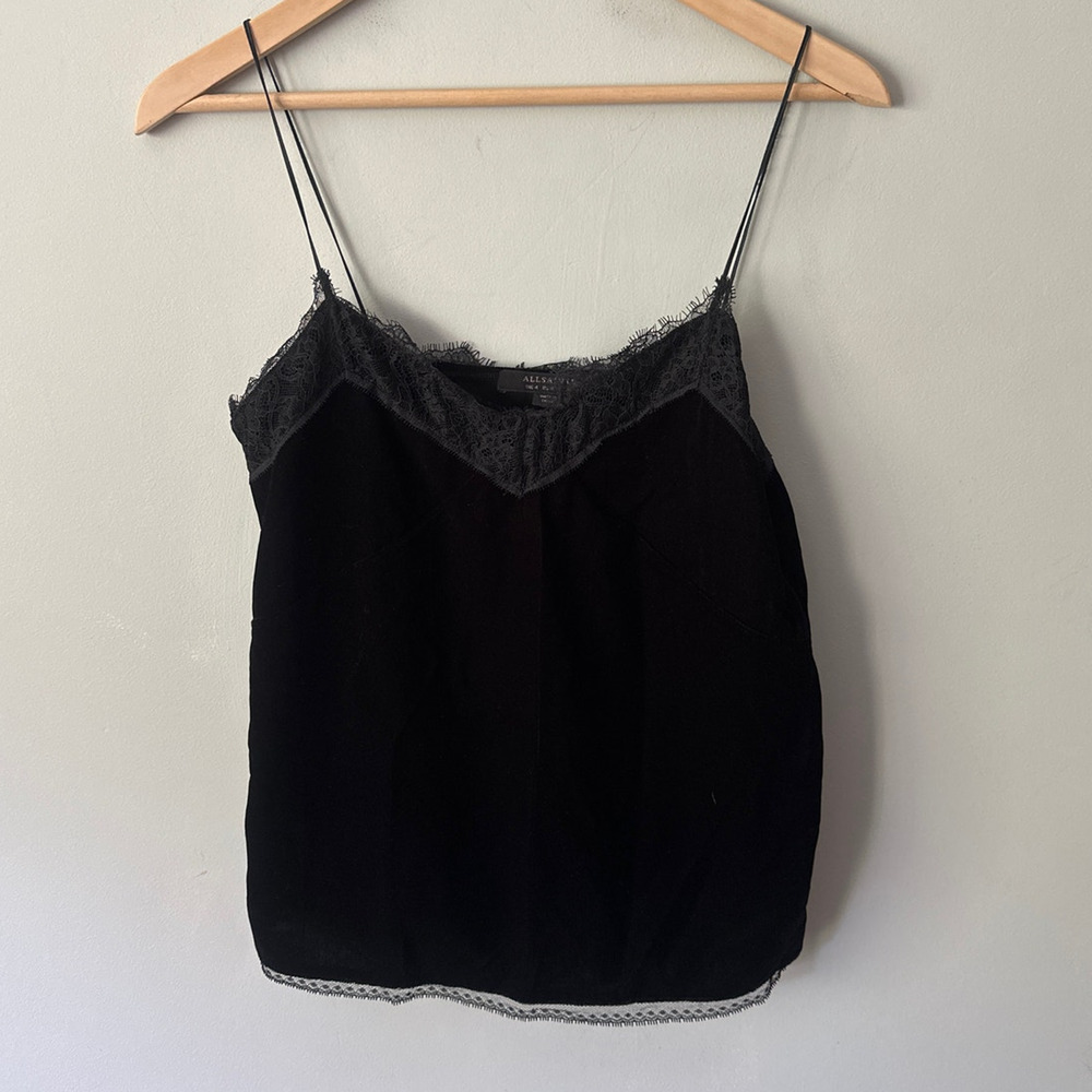 All Saints Top Womens 0 Black Velvet Cami Lace Trim Whimsigoth Grunge Coquette